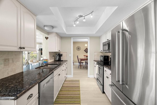 kitchen featuring appliances with stainless steel finishes, white cabinetry, a tray ceiling, and a sink