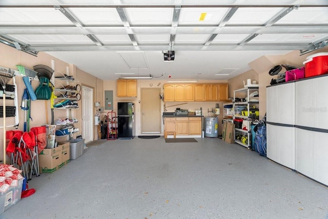 garage with electric panel, a garage door opener, and freestanding refrigerator