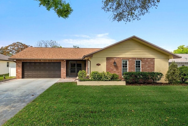 single story home with brick siding, an attached garage, concrete driveway, and a front lawn