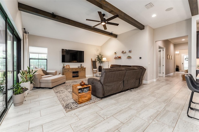 living room featuring visible vents, a ceiling fan, lofted ceiling with beams, recessed lighting, and baseboards