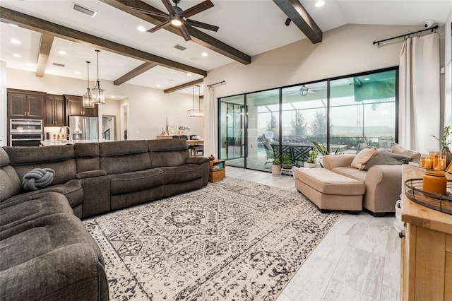 living area with visible vents, marble finish floor, a ceiling fan, lofted ceiling with beams, and recessed lighting