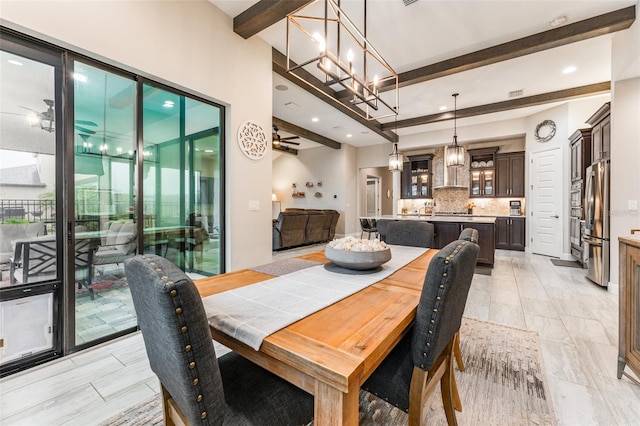 dining room with recessed lighting, beamed ceiling, visible vents, and ceiling fan with notable chandelier