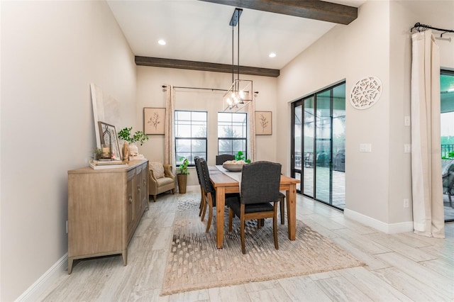 dining space featuring recessed lighting, baseboards, beam ceiling, and a notable chandelier