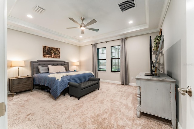 bedroom featuring light carpet, visible vents, crown molding, and baseboards