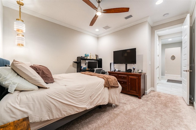 bedroom with ornamental molding, recessed lighting, baseboards, and light carpet