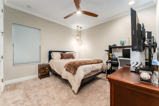 bedroom with ceiling fan, baseboards, light carpet, and ornamental molding