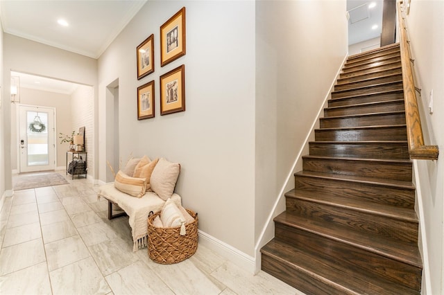 staircase featuring crown molding, recessed lighting, baseboards, and marble finish floor