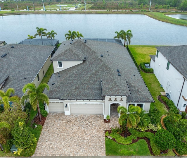 drone / aerial view featuring a water view