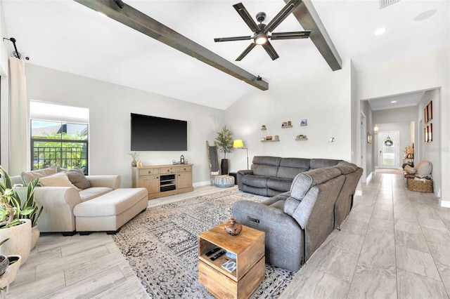 living area with lofted ceiling with beams, a ceiling fan, recessed lighting, and baseboards
