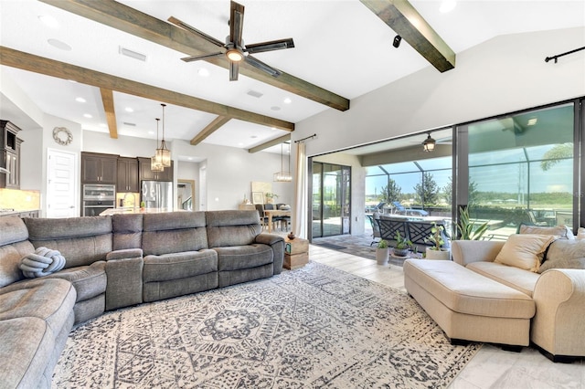 living area featuring ceiling fan, visible vents, beam ceiling, recessed lighting, and a sunroom
