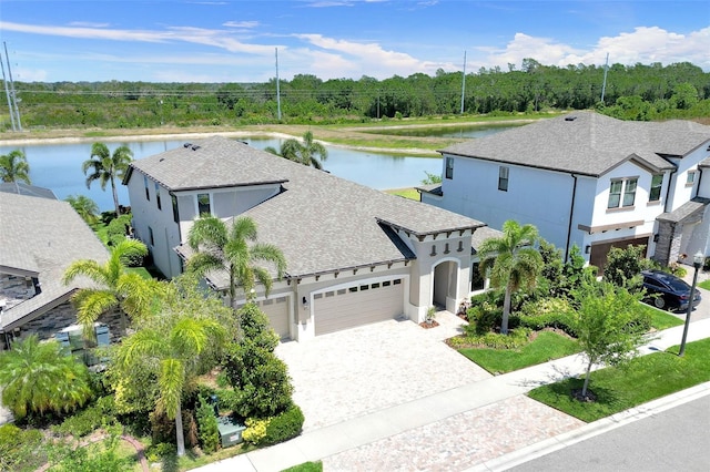 bird's eye view with a water view