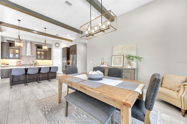 dining room with beamed ceiling, recessed lighting, an inviting chandelier, and visible vents