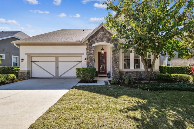 view of front of house with driveway, an attached garage, stucco siding, a front lawn, and stone siding