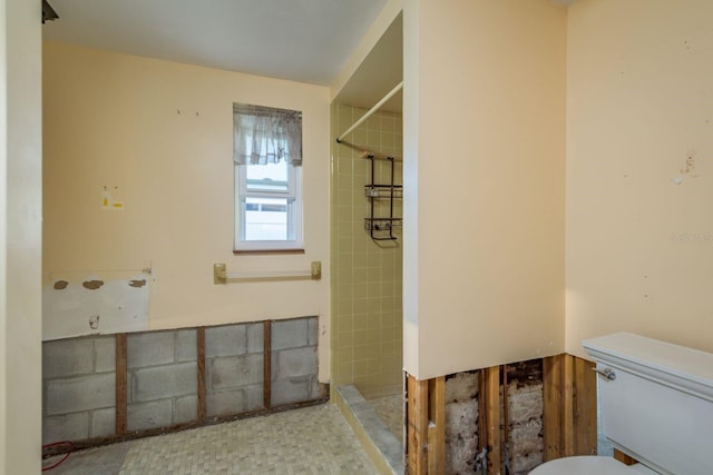 full bath featuring tiled shower and toilet