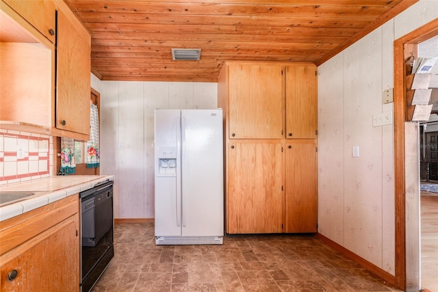 kitchen featuring tile countertops, white refrigerator with ice dispenser, wooden ceiling, and dishwasher