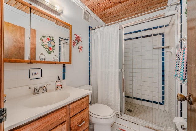 full bathroom featuring visible vents, toilet, a stall shower, and vanity