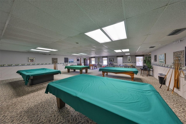 recreation room featuring visible vents, a drop ceiling, pool table, and carpet floors