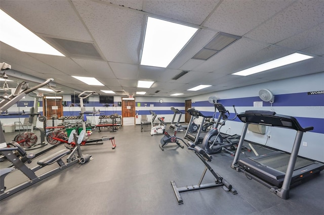 exercise room featuring a drop ceiling and visible vents