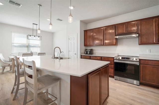 kitchen with under cabinet range hood, visible vents, stainless steel electric range oven, and a sink