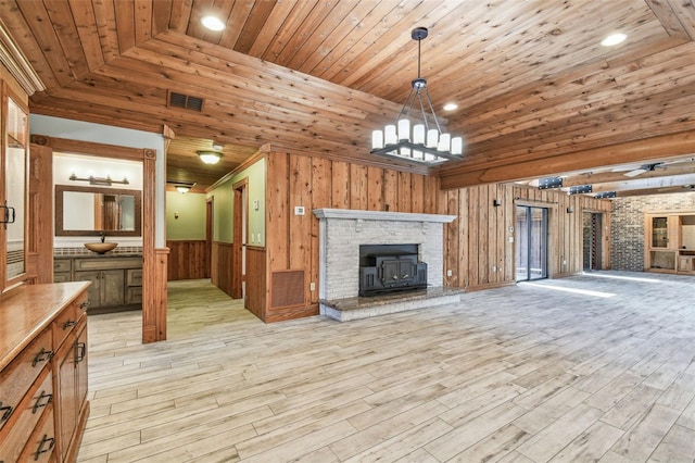 unfurnished living room with wooden walls, visible vents, light wood finished floors, a sink, and wood ceiling