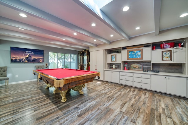 playroom featuring wood finished floors, baseboards, beam ceiling, recessed lighting, and pool table