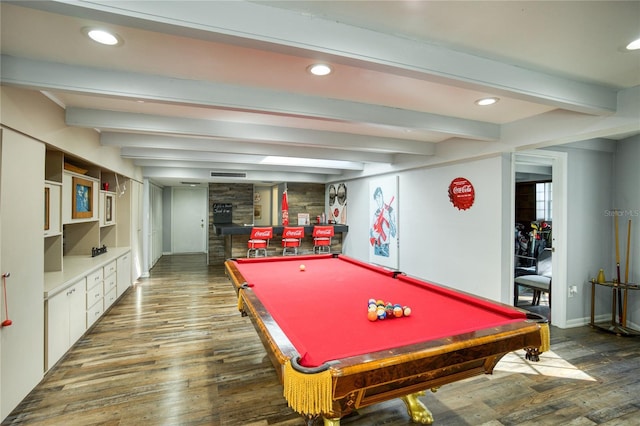 playroom featuring beam ceiling, recessed lighting, billiards, and wood finished floors