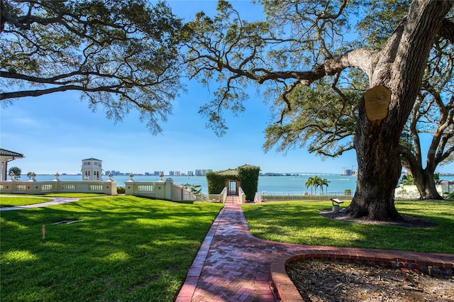 view of property's community featuring a lawn and a water view