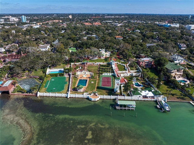 drone / aerial view featuring a water view