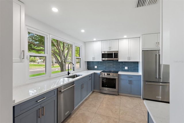 kitchen with white cabinetry, decorative backsplash, a sink, visible vents, and appliances with stainless steel finishes