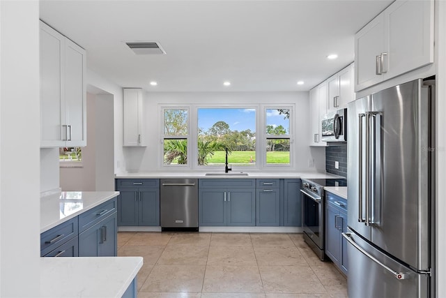 kitchen with white cabinetry, visible vents, high quality appliances, and a sink