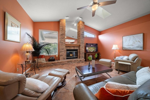 living room featuring tile patterned flooring, a fireplace, a ceiling fan, and vaulted ceiling