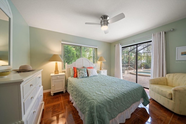 bedroom with ceiling fan and access to outside