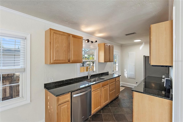 kitchen featuring visible vents, a sink, dark stone counters, a textured ceiling, and stainless steel dishwasher