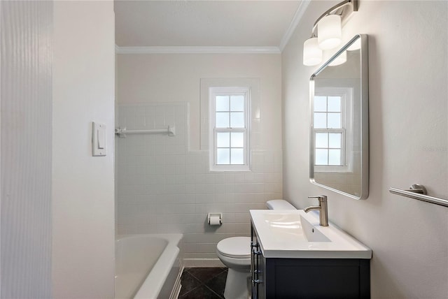 bathroom with tile patterned flooring, crown molding, tile walls, toilet, and vanity