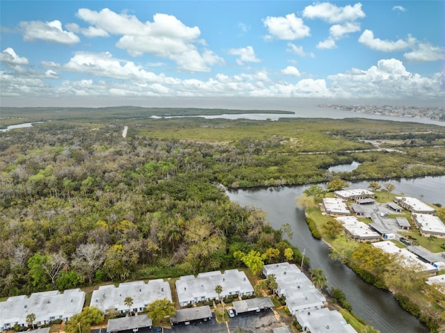 bird's eye view featuring a forest view and a water view