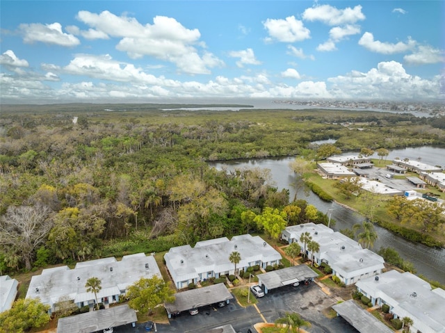 bird's eye view with a view of trees and a water view