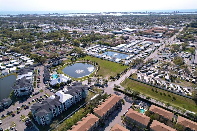 bird's eye view with a water view