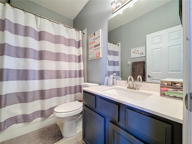 bathroom featuring tile patterned floors, a shower with shower curtain, toilet, and vanity