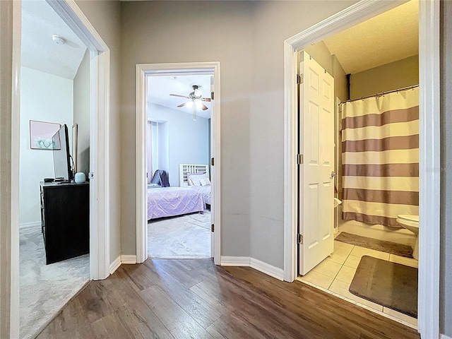 hall with baseboards and wood finished floors