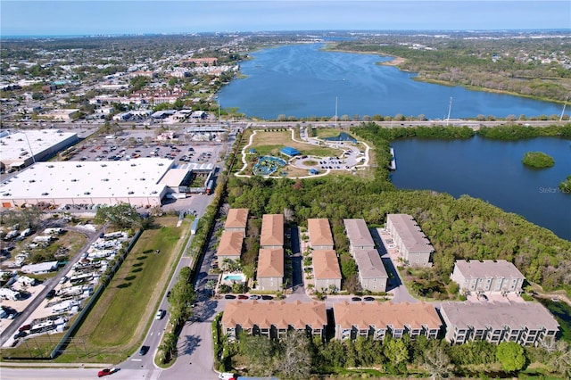 bird's eye view with a water view