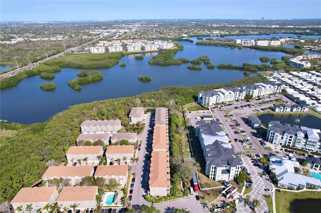 drone / aerial view featuring a water view