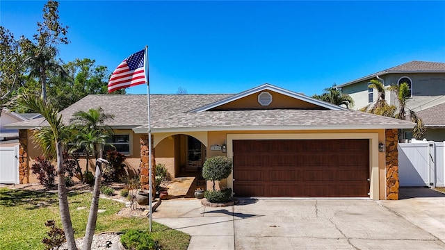 ranch-style home with a gate, driveway, an attached garage, a shingled roof, and stucco siding