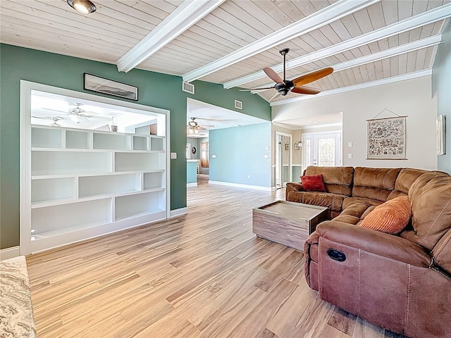 living room with a ceiling fan, visible vents, baseboards, wood ceiling, and light wood-type flooring