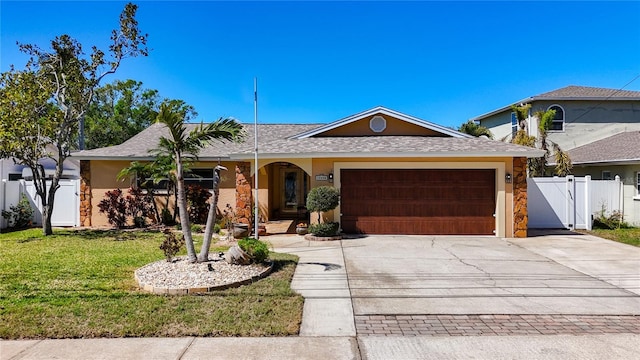 ranch-style house featuring a front lawn, stucco siding, a garage, driveway, and a gate