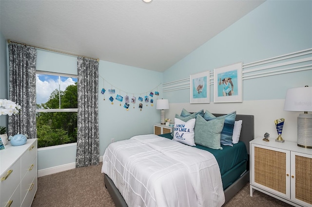 bedroom with dark colored carpet, baseboards, and lofted ceiling