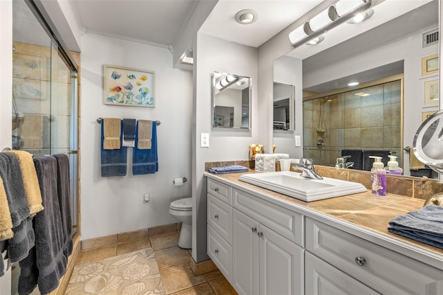 bathroom featuring visible vents, a shower stall, and toilet