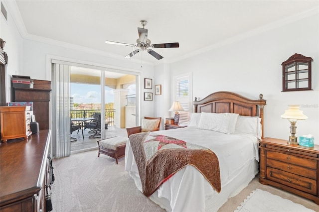 carpeted bedroom featuring visible vents, multiple windows, access to exterior, and ornamental molding