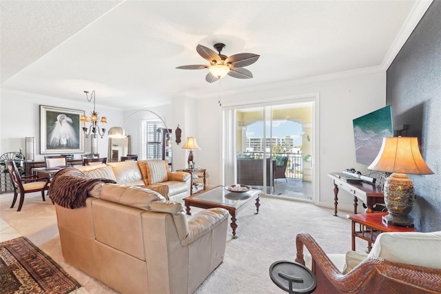 living room with crown molding, a healthy amount of sunlight, and light carpet