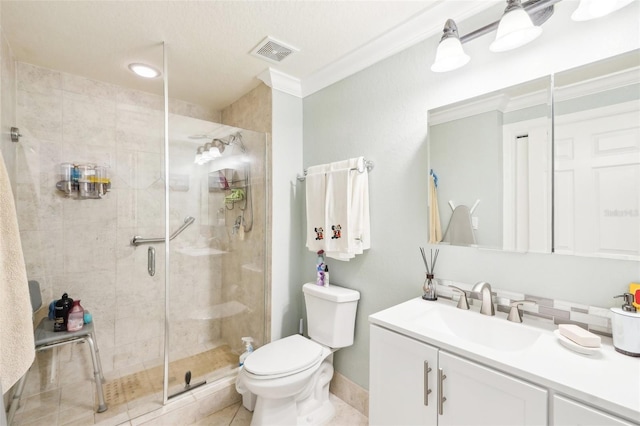 bathroom with visible vents, toilet, ornamental molding, a stall shower, and vanity