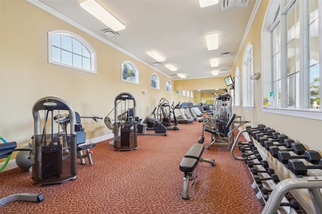 workout area with visible vents, a healthy amount of sunlight, and crown molding